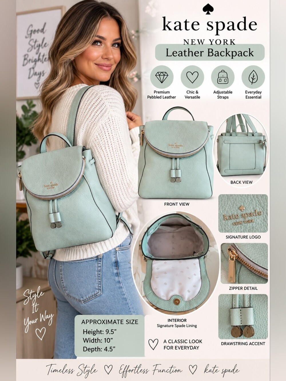 Kate Spade Mint Green Pebbled Leather Backpack